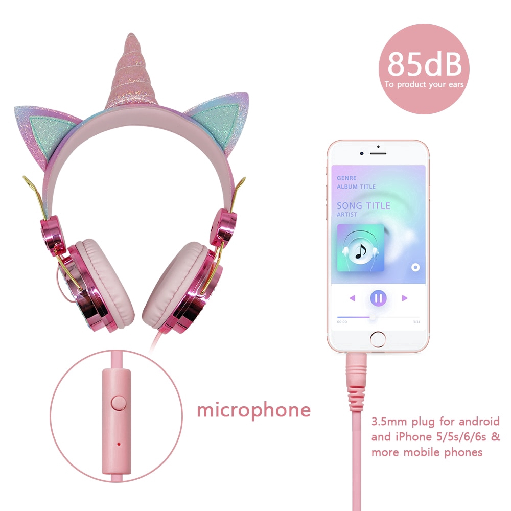 Tai nghe âm nhạc stereo kiểu mẫu Unicorn với cáp và micro cho bé gái Headphones