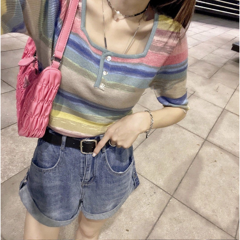 COZOK Áo Thun Dệt Kim Ngắn Tay Cổ Vuông Họa Tiết Sọc Cầu Vồng Cá Tính