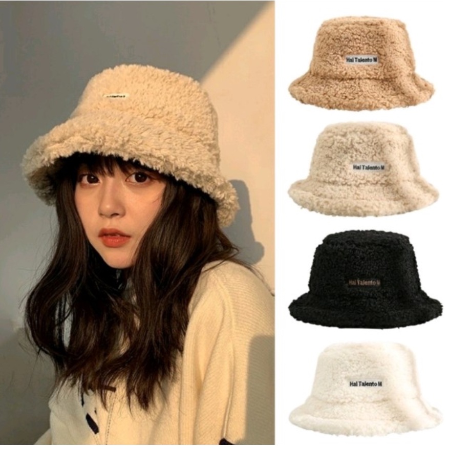 Mũ Lông cừu Bucket Retro Phong Cách Hàn Quốc Mũ lông cừu nữ mềm giữ ấm Thu Đông Ulzzang