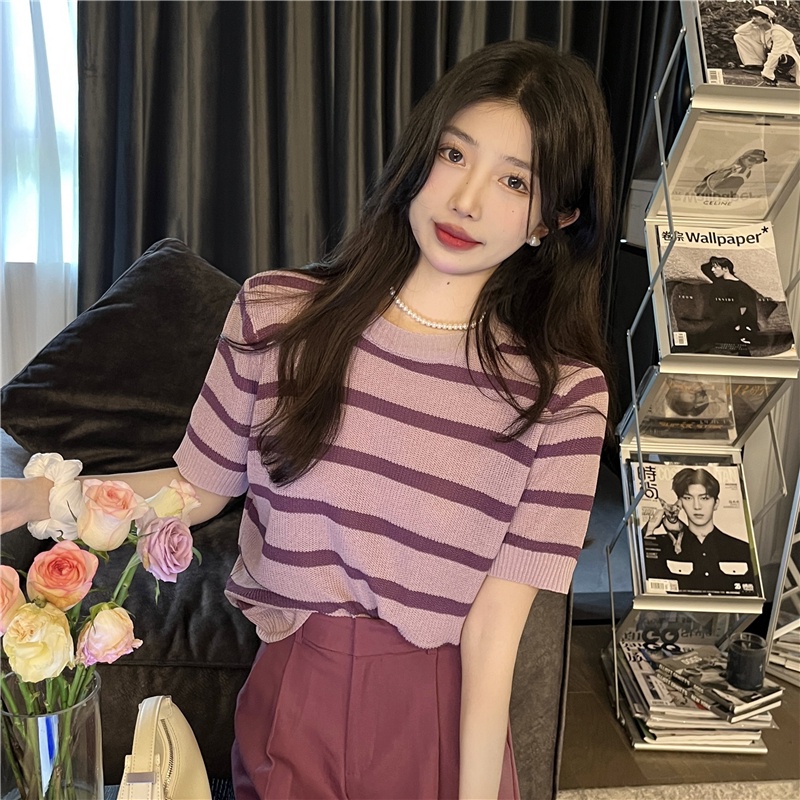 Áo kiểu ZHELIHANGFEI dệt kim tay ngắn cổ tròn dáng rộng kẻ sọc ngang trẻ trung hợp thời trang