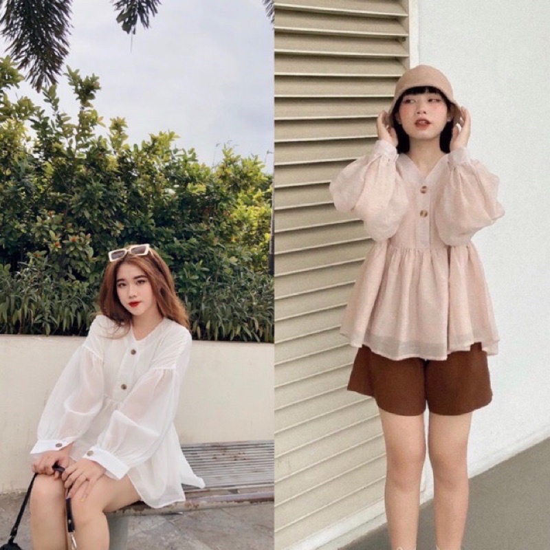 Áo babydoll voan 2 lớp 2 khuy ngực bồng bềnh tiểu thư