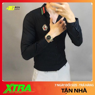 Áo sơ mi nam hàn quốc, 2 màu trắng, đen, thêu logo cực đẹp MFM005