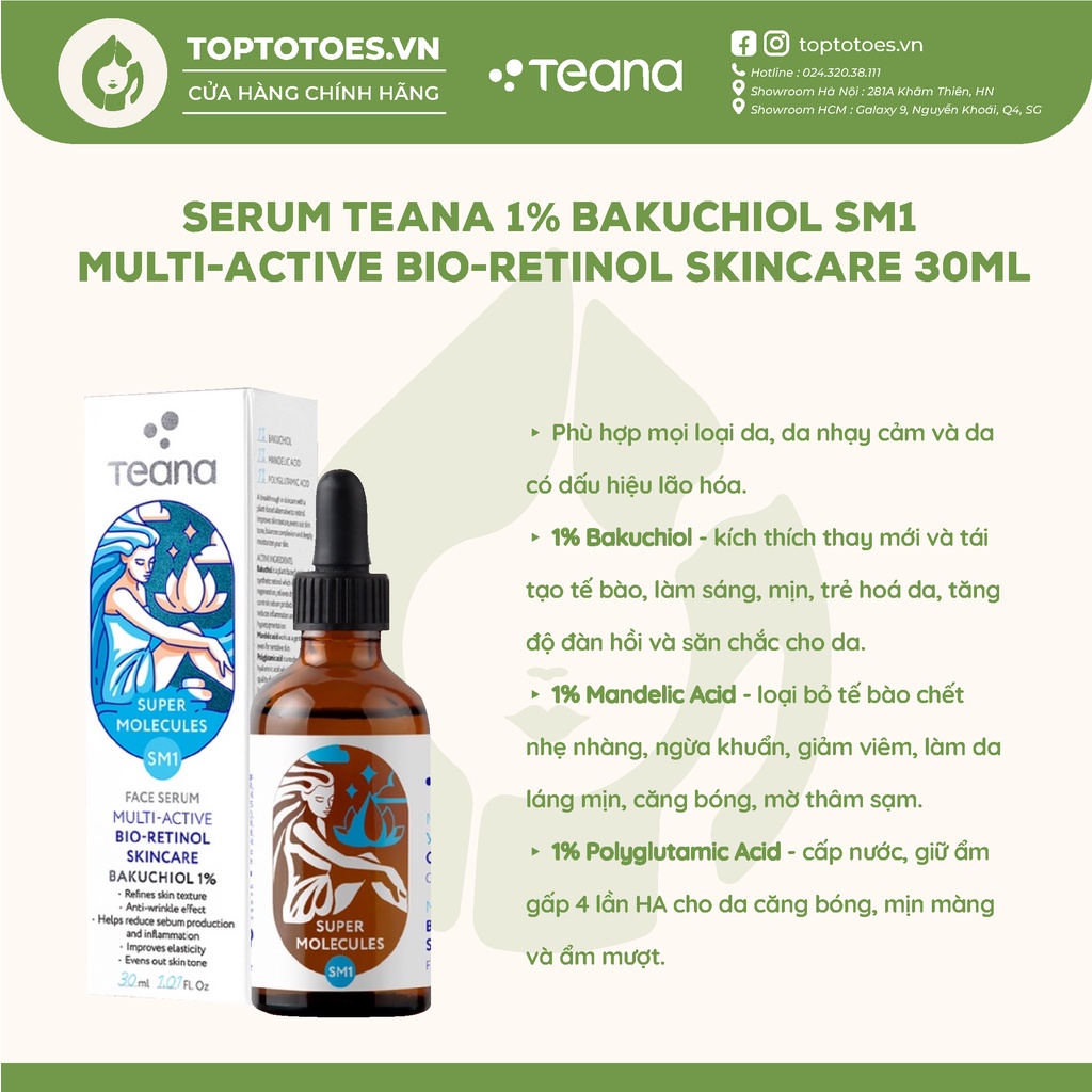 Serum Teana 1% Bakuchiol SM1 Super Molecules Multi-Active Bio-Retinol dưỡng ẩm, làm sáng và trẻ hóa da - 30ml