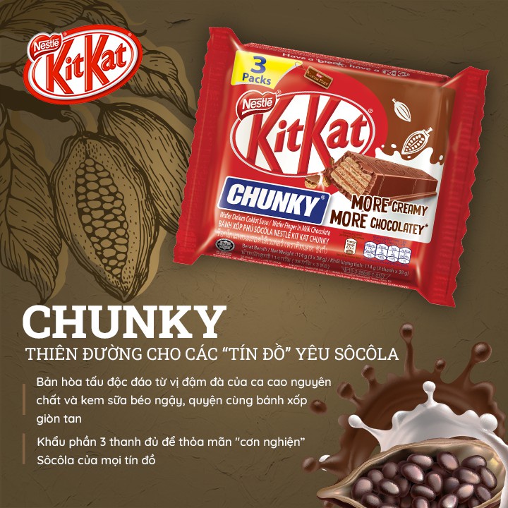 Bánh xốp phủ sô cô la Kitkat Chunky gói 114g (3 thanh x 38g)