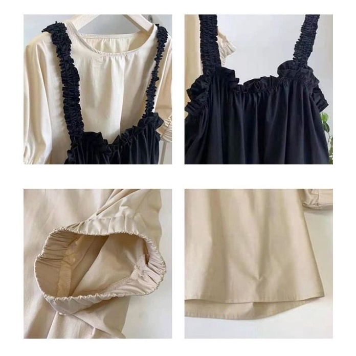 Set Nữ Set Yếm Chun Vai Kèm Áo Sơ Mi Ngắn Tay Tạo Kiểu Xinh Xắn