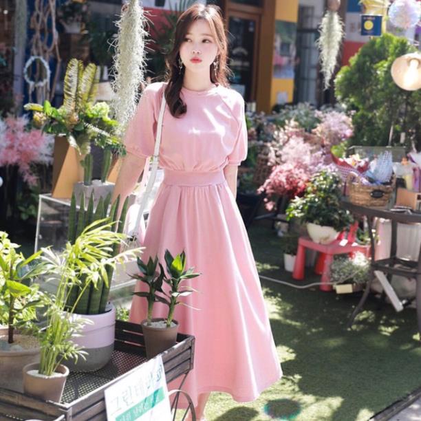 X2 Đầm hồng form dài bo eo v2 váy công sở dáng xòe cổ tròn tay ngắn chiết eo (kèm hình thật)