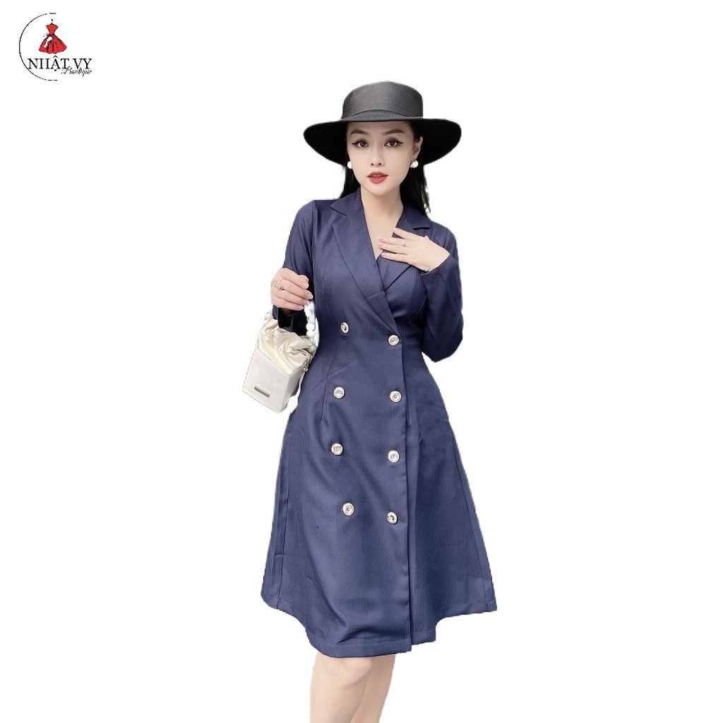Đầm công sở Nhật Vy cổ vest tay dài cài cúc chiết eo chất xước gân phù hợp đi chơi dạo phố - D2280