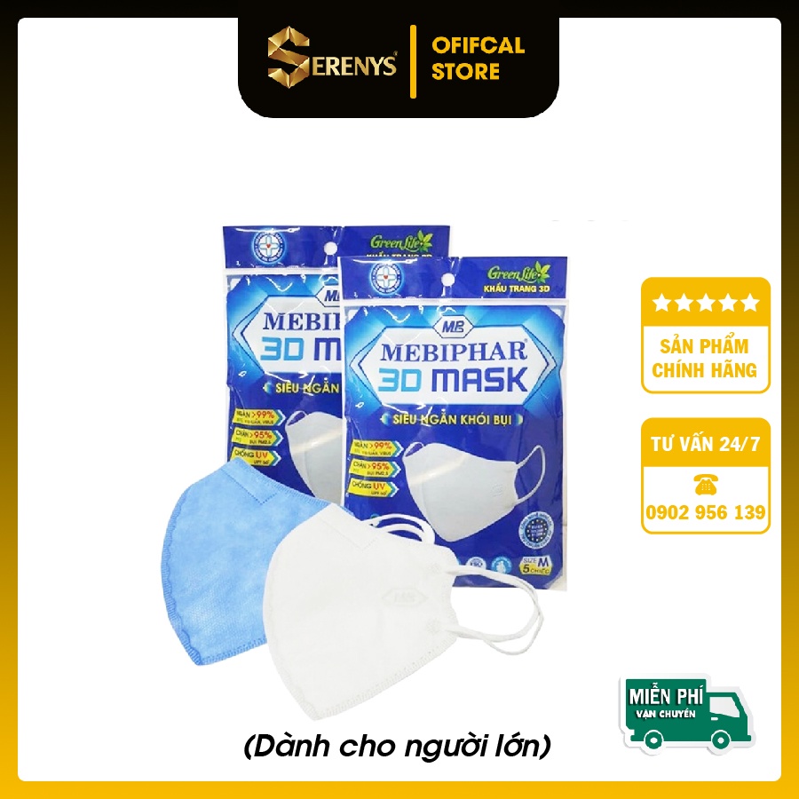 [SET 5 CÁI] Khẩu trang 3D MASK MEBIPHAR chống nắng chặn tia ngăn tới 99 khói bụi và vi khuẩn UV Size M 1 gói 5 chiếc