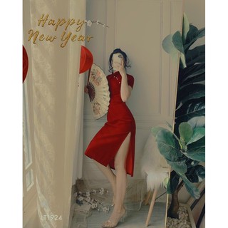 [SẴN-ảnh thật trải sàn]Sườn xám nhung đỏ đính hạt trai thanh lịch
