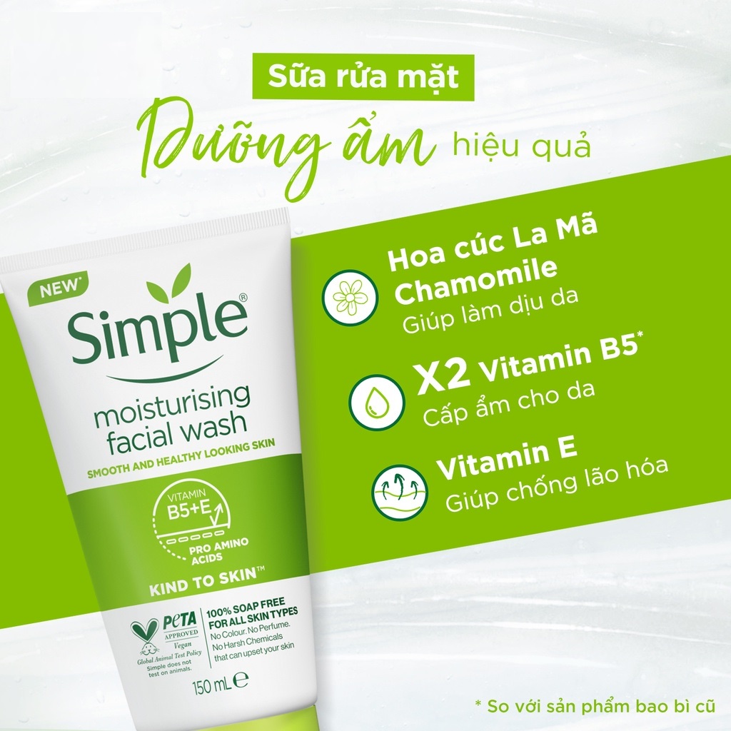 Sữa rửa mặt Simple Moisturising Facial Wash giúp cấp ẩm, da trông khỏe và mịn màng - cho da khô nhạy cảm 150ml