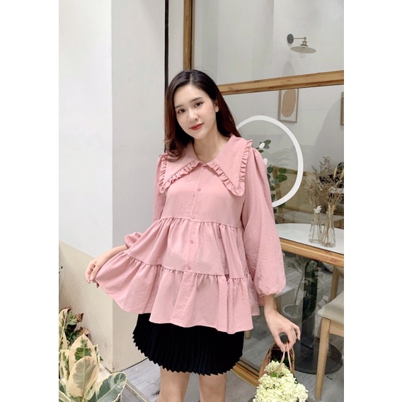 Áo bà bầu dài tay thu đông cổ sen ba tầng dáng babydoll công sở chất đũi thiết kế cao cấp đẹp giá rẻ