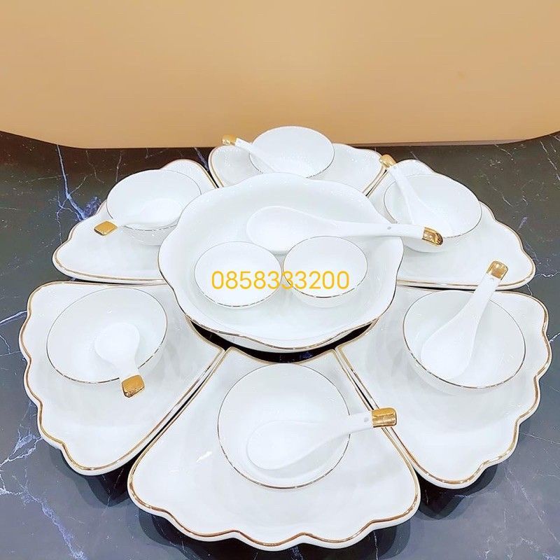 BỘ BÁT ĐĨA HOA MẶT TRỜI VẼ VÀNG, ĐK 45m, 15 món, 21 món.HÀNG SỨ BÁT TRÀNG