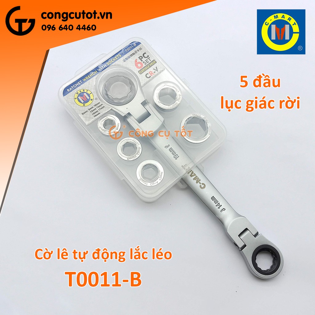 Bộ cờ lê lắc léo tự động 2 đầu vòng kèm 5 đầu lục giác rời C-mart T0011-B 8-19mm