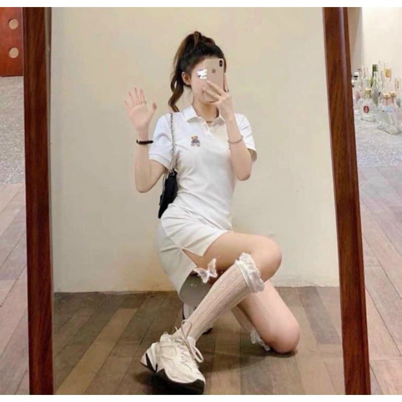 Đầm thêu gấu dáng chữ A chất vải thun tici dày dặn hàng y hình kèm ảnh thật shop chụp ( free size từ 40-53kg)