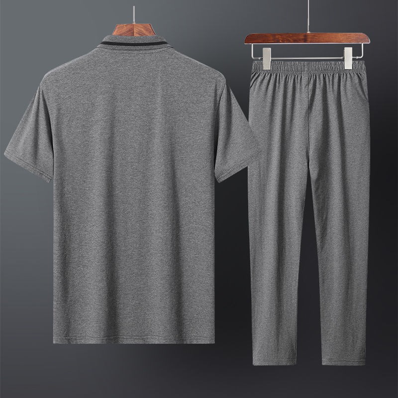 Đồ bộ/ Đồ mặc nhà☸[Chất lượng cao] Bộ quần áo bố cotton mùa hè nam ngắn tay đồ thể thao giản dị cho người trung ni
