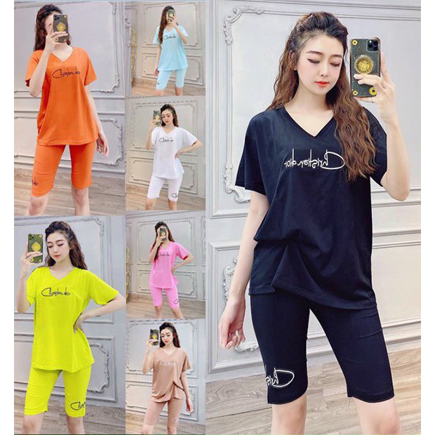 Bộ đồ thể thao nữ form rộng cổ tim mặc nhà chất liệu vải thun Cotton 100% .