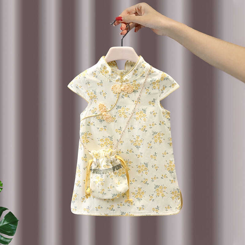 Đầm Sườn Xám Tay Ngắn Họa Tiết Hoa Kiểu Trung Hoa Xinh Xắn Cho Bé Gái 80-140 yards