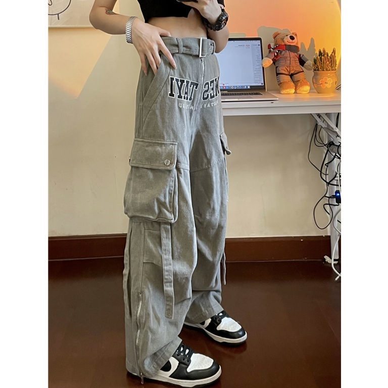 Quần Yếm Jean Lưng Cao Ống Rộng Phối Túi Lớn Phong Cách Retro Mỹ Cá Tính