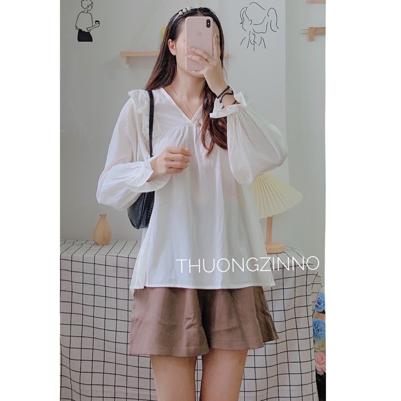 [Ảnh thật/Video]Set áo lụa nhúm bèo kèm quần nâu vintage Bộ đồ vintage nàng thơ | BigBuy360 - bigbuy360.vn