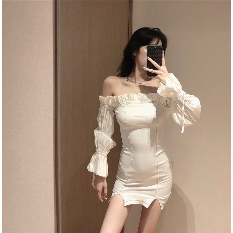 Đầm trễ vai trắng tay dài ôm body tôn dáng hở sexy sang trọng nhẹ váy cao cấp bó sát cột dây ulzzang
