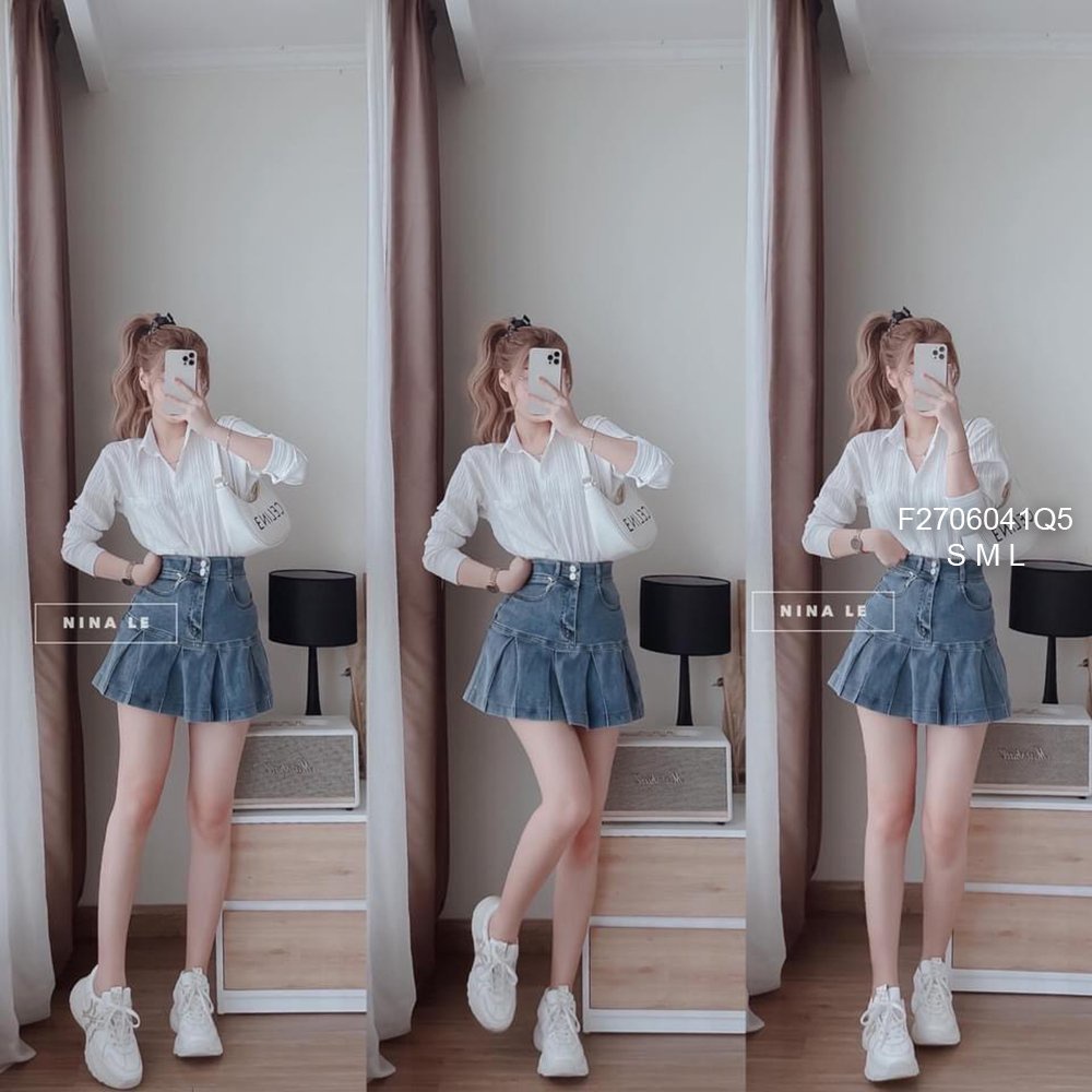 Chân váy jean giãn xếp ly 2 nút hàng đẹp!