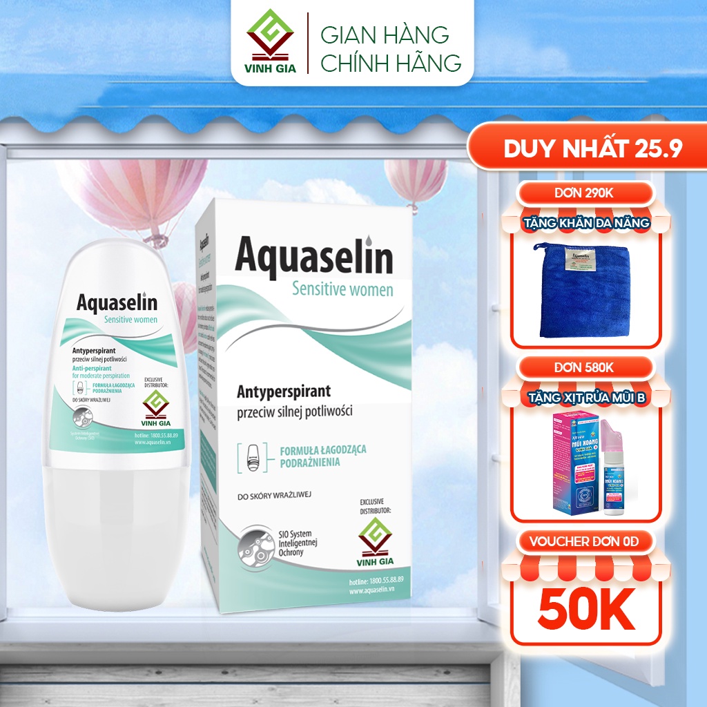 Lăn Khử Mùi AQUASELIN Sensitive Women Không Gây Thâm Nách, Ố Vàng Áo Dùng Cho Nữ Mồ Hôi Ít, Mùi Nhẹ 50ml