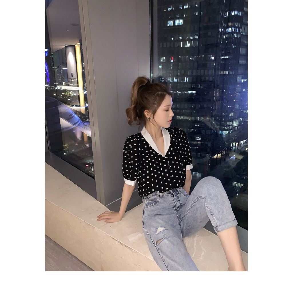 SUXI Áo Sơ Mi Chiffon Cổ V Tay Phồng Họa Tiết Chấm Bi Kiểu Retro Thời Trang Mùa Hè Cho Nữ