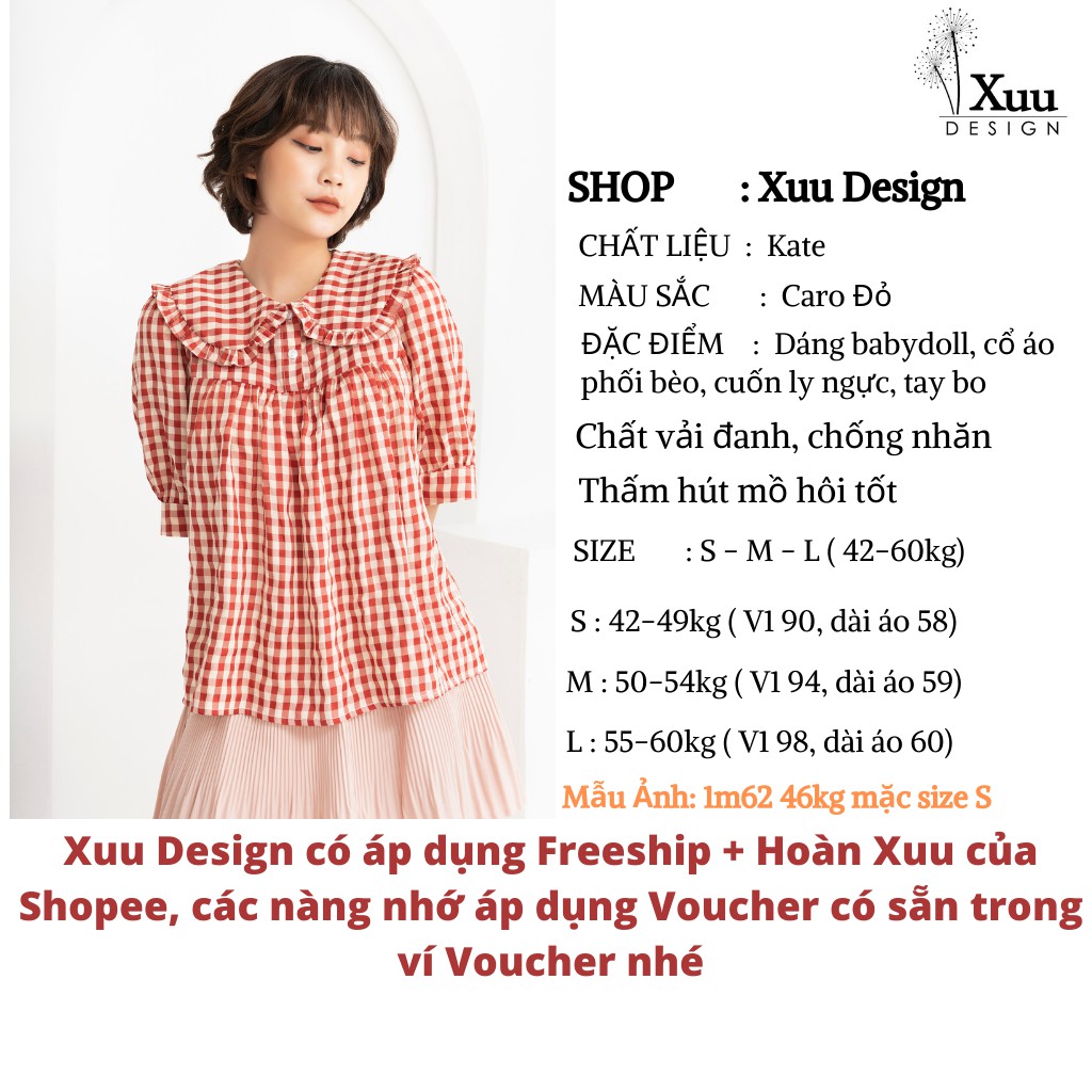 Áo Babydoll Xuu DesignÁo kiểu nữ thiết kế chất vải đẹp dáng suông [Xu05 kẻ đỏ]