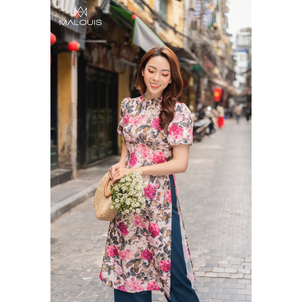 Áo dài cách tân Như Ý tay bồng, họa tiết hoa hồng, chất nhung text cao cấp (tách lẻ) - ADNY129