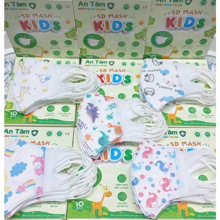 Khẩu trang 5d cho bé 3 - 9 tuổi kháng khuẩn nhiều hoạ tiết đáng yêu chính hãng An Tâm hộp 10 cái