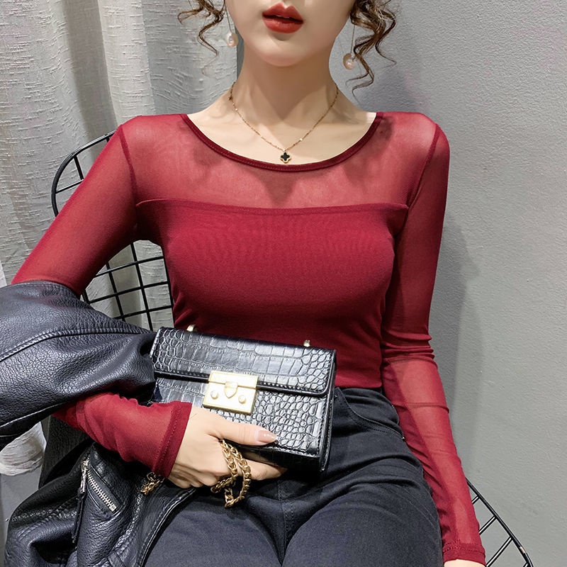 Áo Thun Lưới Cổ Tròn Mỏng Màu Trơn Phong Cách Mới Xuân Thu Dành Cho Bạn Nữ