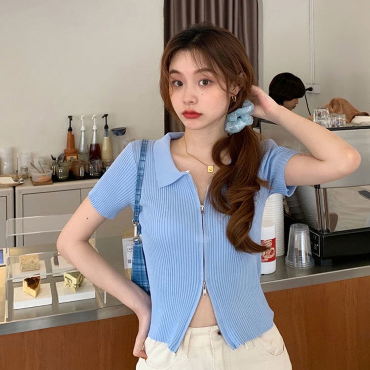 Áo croptop dệt kim IELGY tay ngắn phối khóa kéo kiểu dáng thời trang cho nữ