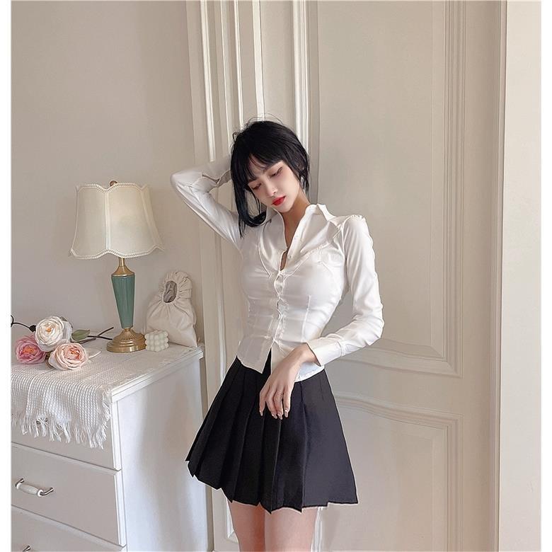 Áo sơ mi trắng tay dài ôm dáng thời trang mùa thu phong cách Hàn Quốc mới cho nữ