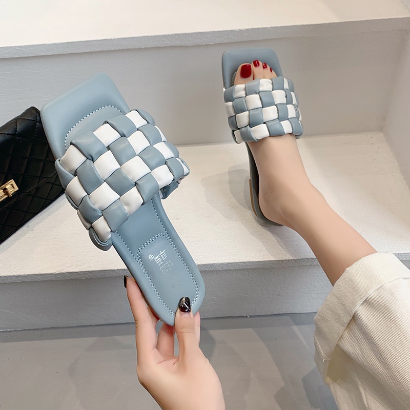 Dép Sandal Đế Bệt Mũi Vuông Họa Tiết Ca Rô Thời Trang Hàn Quốc Dành Cho Nữ