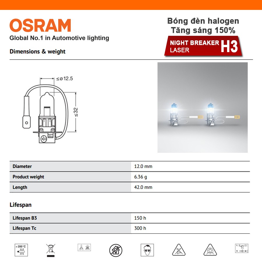 Combo 2 Bóng Đèn Halogen Tăng Sáng 150% OSRAM Night Breaker Laser H3 12V 55W - Nhập Khẩu Chính Hãng