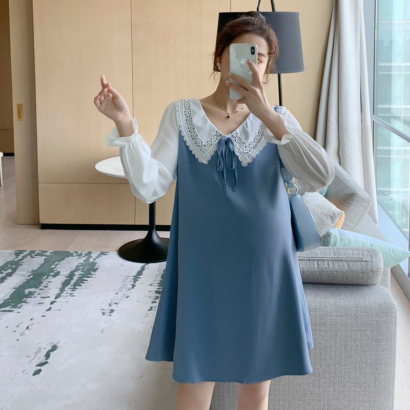 Váy bầu thời trang thiết kế dài tay M179 chất đũi hàn freesize từ 45 đến 70kg