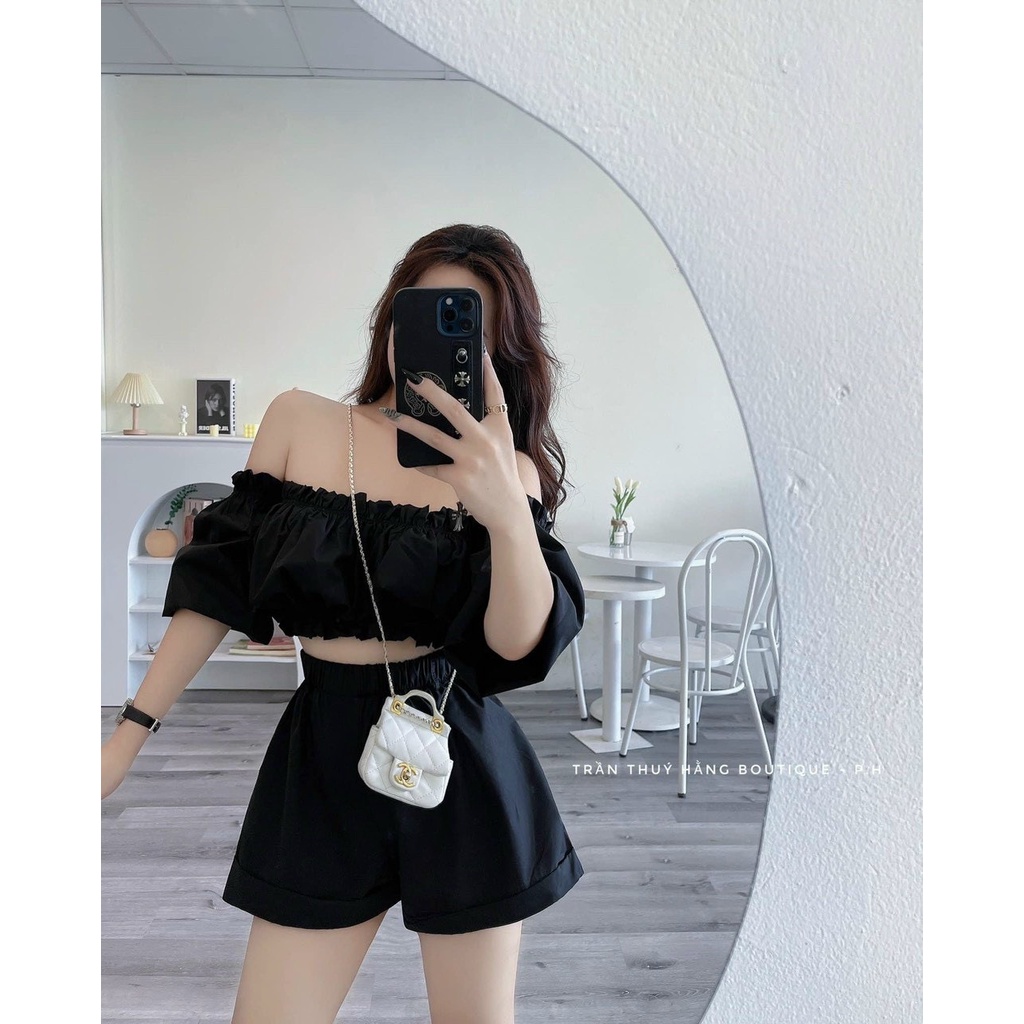 Sét đồ bộ nữ áo trễ vai kèm quần đùi cạp cao tôn eo siêu xinh trẻ trung dạo phố đi chơi
