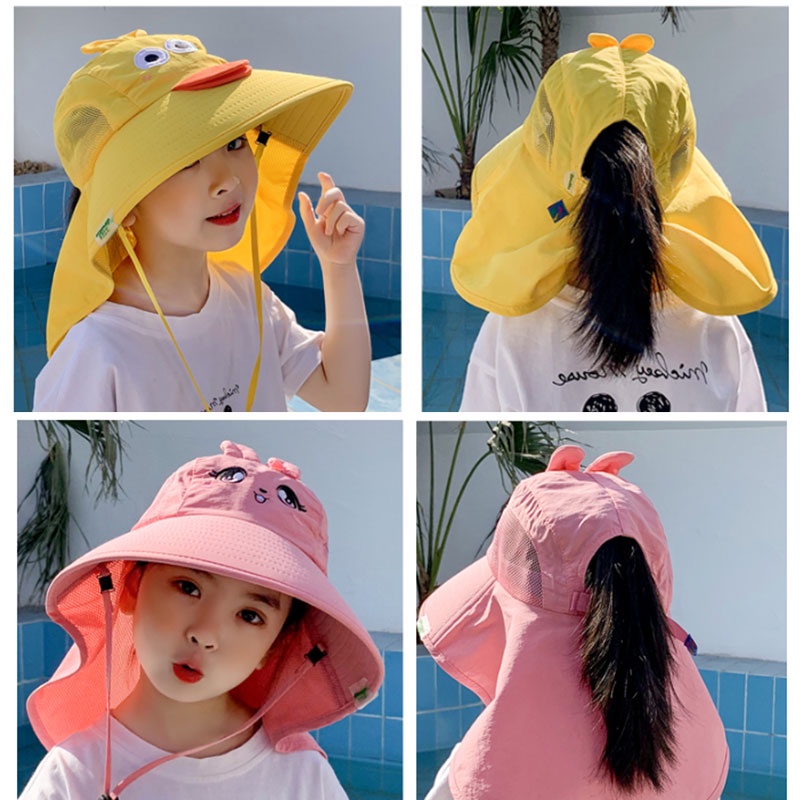 Mũ Tai Bèo Vành Rộng Phối Lưới Thoáng Khí Chống Tia UV Có Dây Rút Họa Tiết Hoạt Hình Dễ Thương Cho Bé