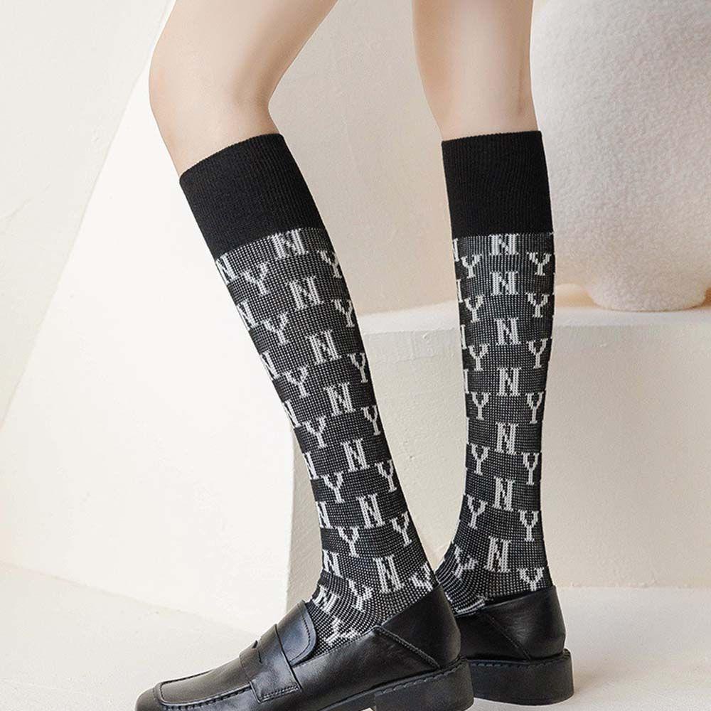 Tất Bắp Chân Cotton In Họa Tiết Caro Harajuku 1 Cho Nữ