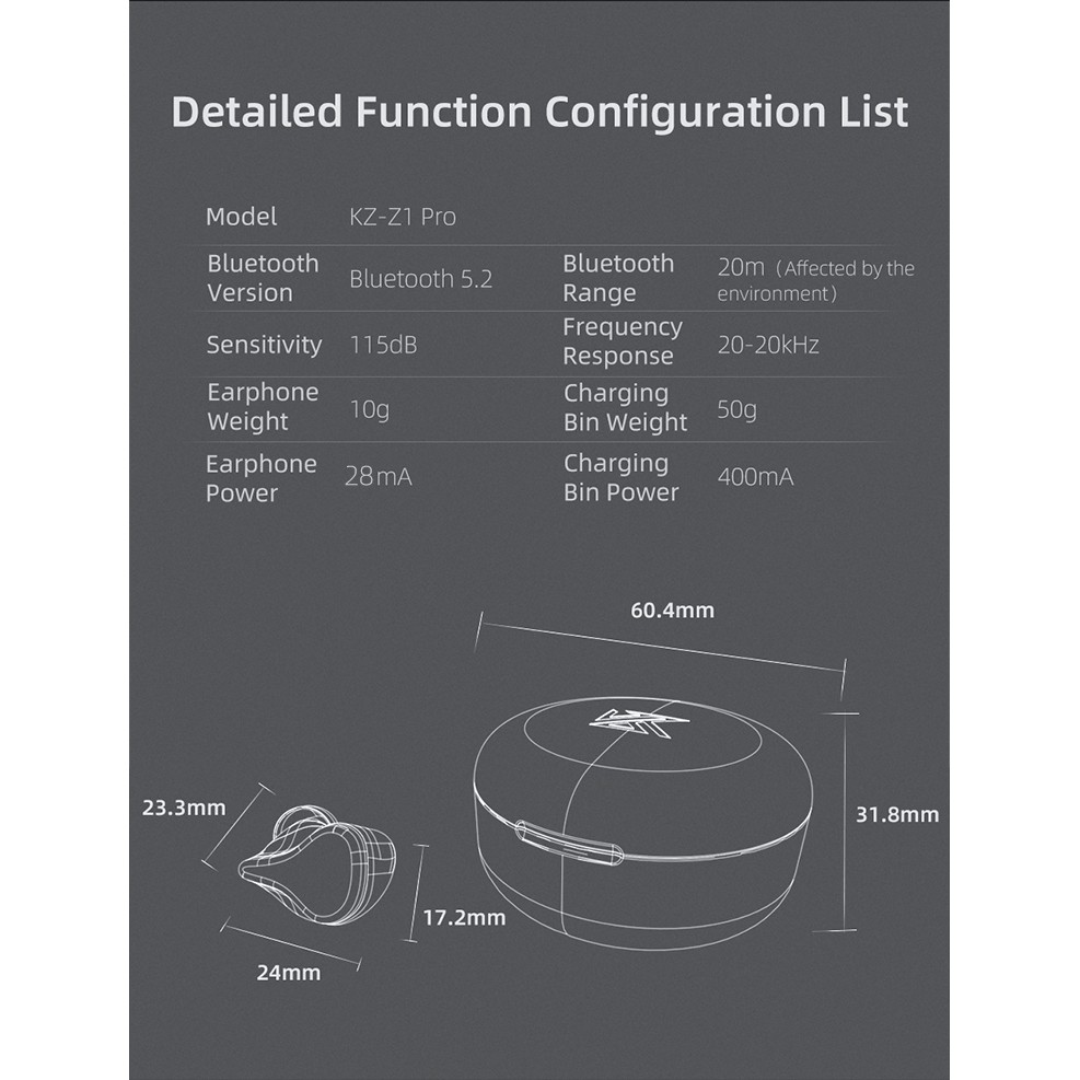 Tai Nghe Bluetooth 5.2 Không Dây Dùng Chơi Game Kz Z1 Pro Tws Cho Z1 S2 S1 / S1D E10 Sa08 Cca Cx4 Cx10