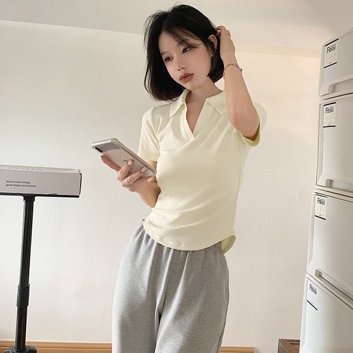 Áo thun ZHELIHANGFEI polo ngắn tay eo cao thiết kế quyến rũ thời trang
