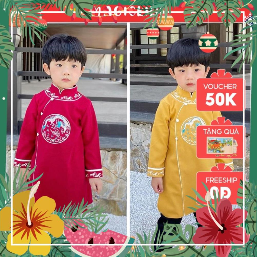 Áo dài Tết vải nhung bé trai thêu hình rồng cuộn cổ tàu dáng cách tân size đại cho bé từ 1-10 tuổi Imaginekids