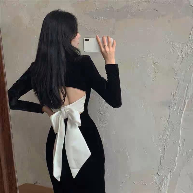 Đầm tay dài nơ to cột lưng