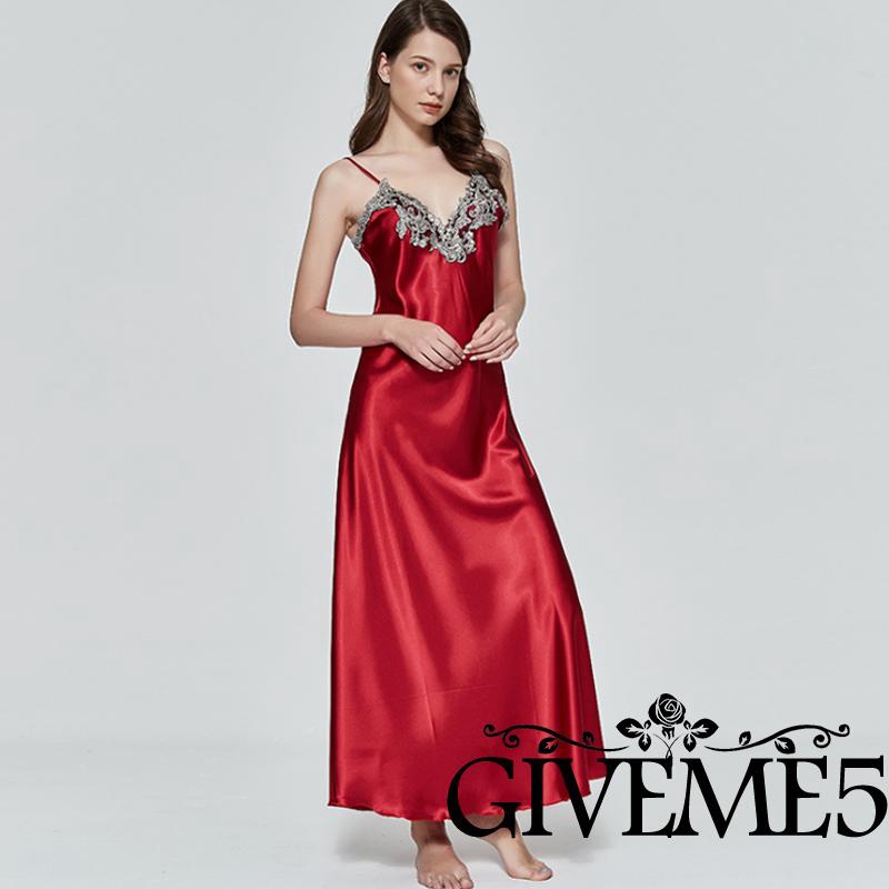 Jry₪UK Women V-neck Satin Silk Lace Lingerie Pajama Night Dress Nightgown Sleepwear