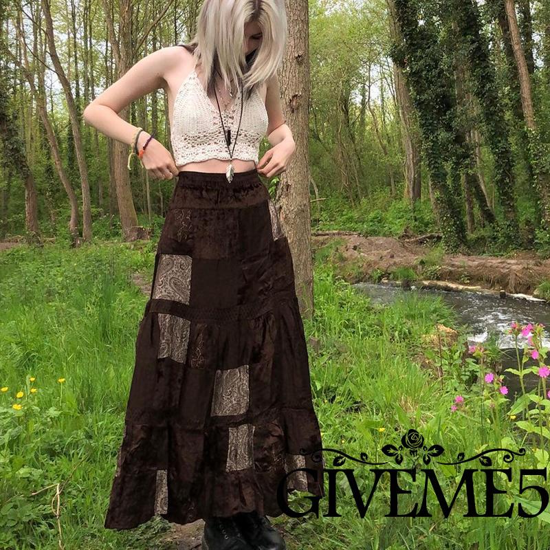 GIVEME Chân váy dài xếp ly họa tiết hoa vintage thanh lịch cho nữ (nâu)