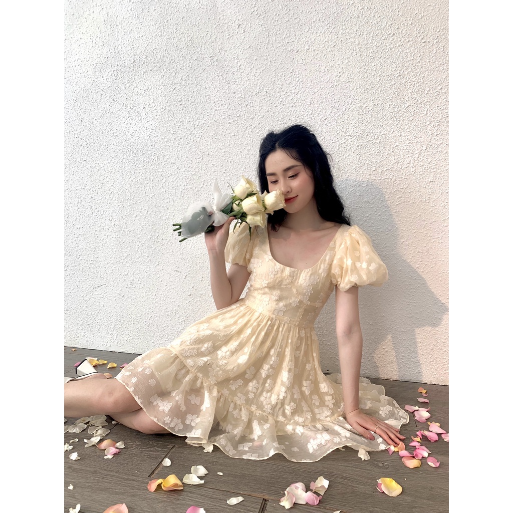 Váy xòe Chillgals chất liệu tơ in hoa cổ tròn xinh xắn VA-068