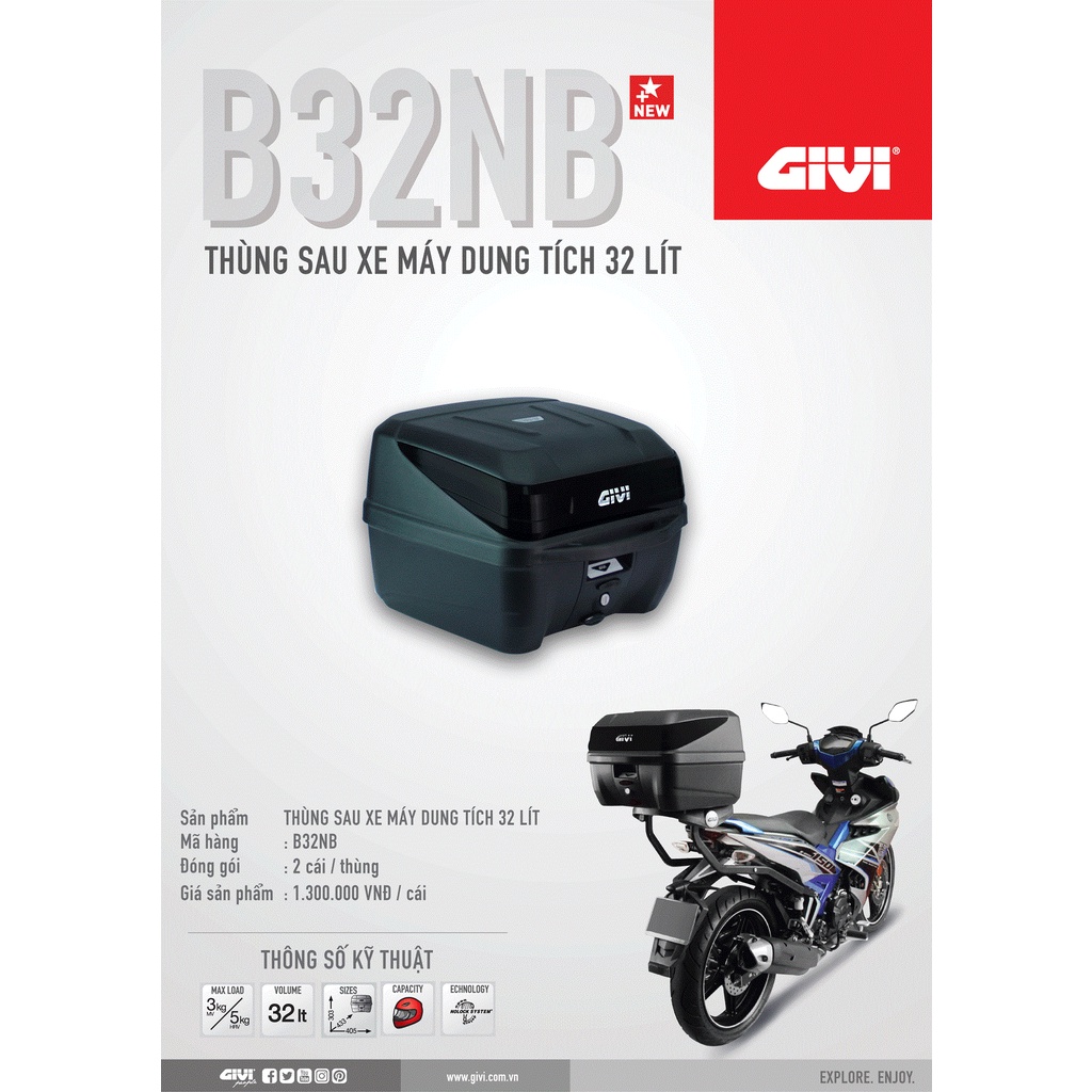 Combo Thùng Sau Givi B32NB + Baga Sau Givi MV + Đế Gắn Thùng Givi MP60N Gắn Cho Xe Winner 150/X - Exciter 2009/2011/150