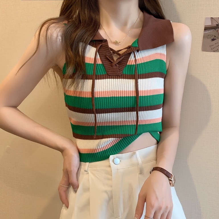 Áo Thun Dệt Kim Hai Dây Họa Tiết Kẻ Sọc Màu Sắc Tương Phản Phong Cách Retro Dành Cho Nữ