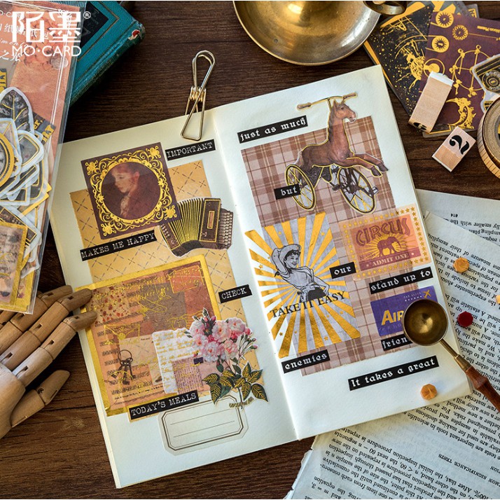 Bộ 60 sticker seri chủ đề retro ánh nhũ siêu đẹp trang trí scrapbook, sổ tay planner,..