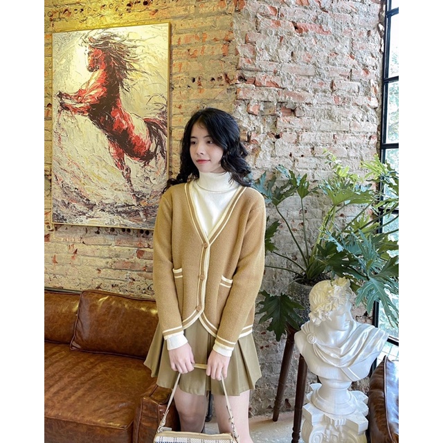Áo khoác len cardigan nữ hàn quốc viền màu 2 túi vạt lượn 48a22 by germe